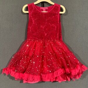 Betsey Johnson Kids Dress Size 4 Fuschia Pink Lace Sequined‎ Ruffle Tulle Party